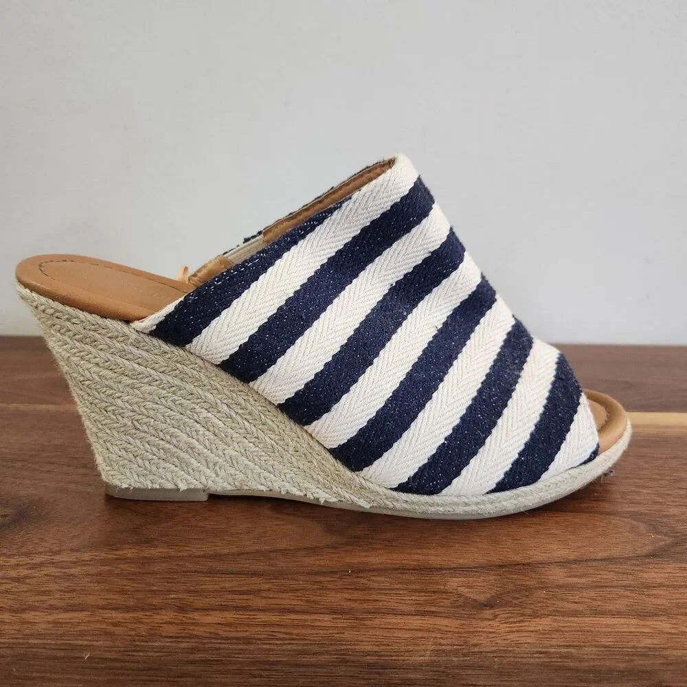 Lane Bryant Espadrille High Wedge Slip On Slide Jute Striped Sandal Shoe 10W